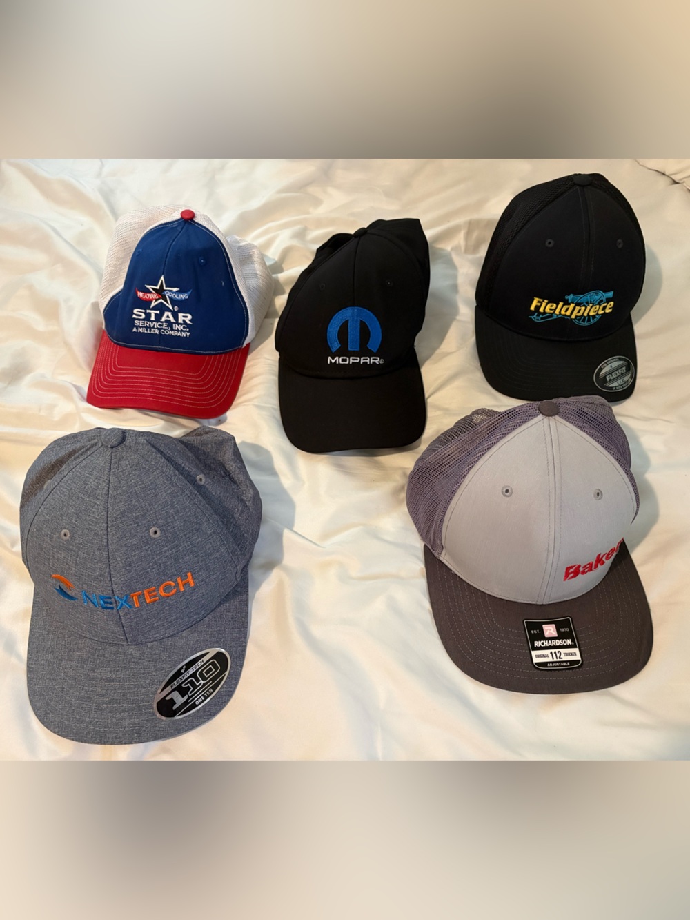 Assorted Branded Baseball Hats - NexTech, Mopar, Fieldpiece, Baker, Star